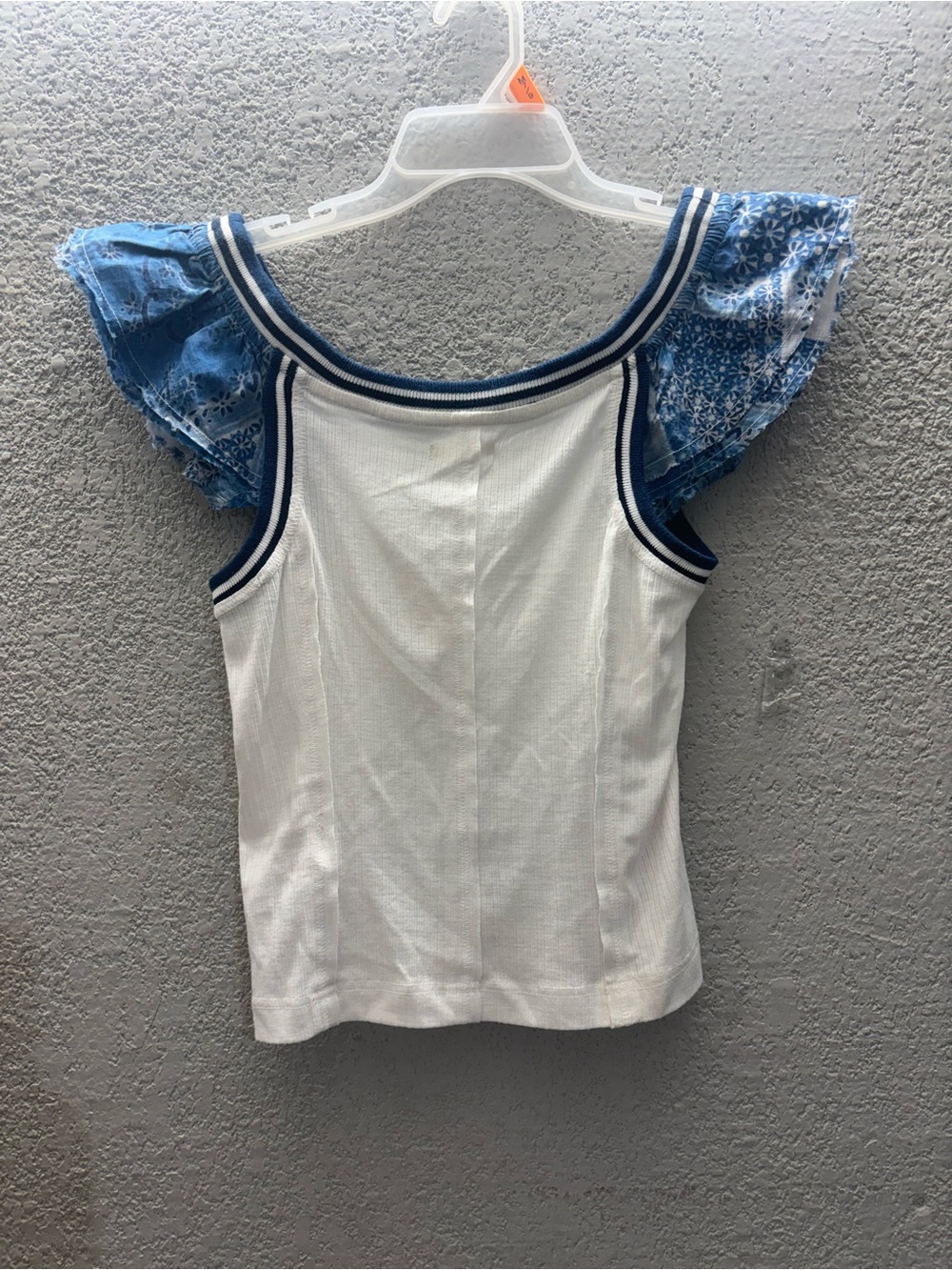 Anthropologie White Tank Top with Blue Floral Ruffle Sleeves - Picture 3 of 5